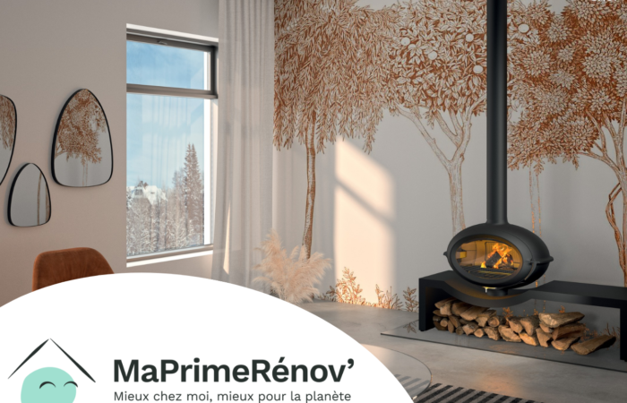 Poêle à bois design installé dans un salon moderne, éligible aux aides MaPrimeRénov’ pour la rénovation énergétique.