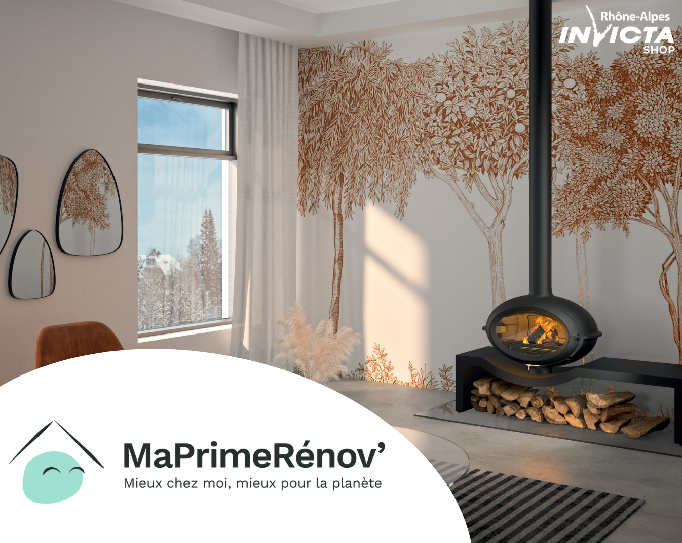 Poêle à bois design installé dans un salon moderne, éligible aux aides MaPrimeRénov’ pour la rénovation énergétique.