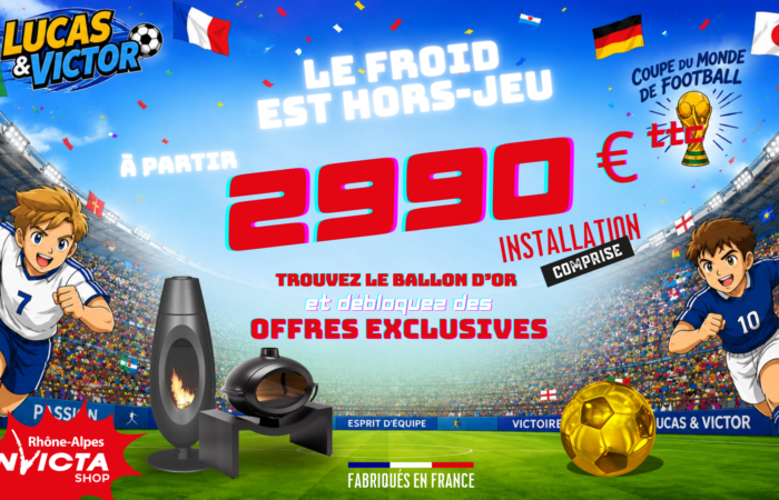 Affiche promotionnelle Invicta Rhône-Alpes sur le thème du football avec des poêles à 2 990 € TTC installation comprise et une opération ballon d’or en magasin.